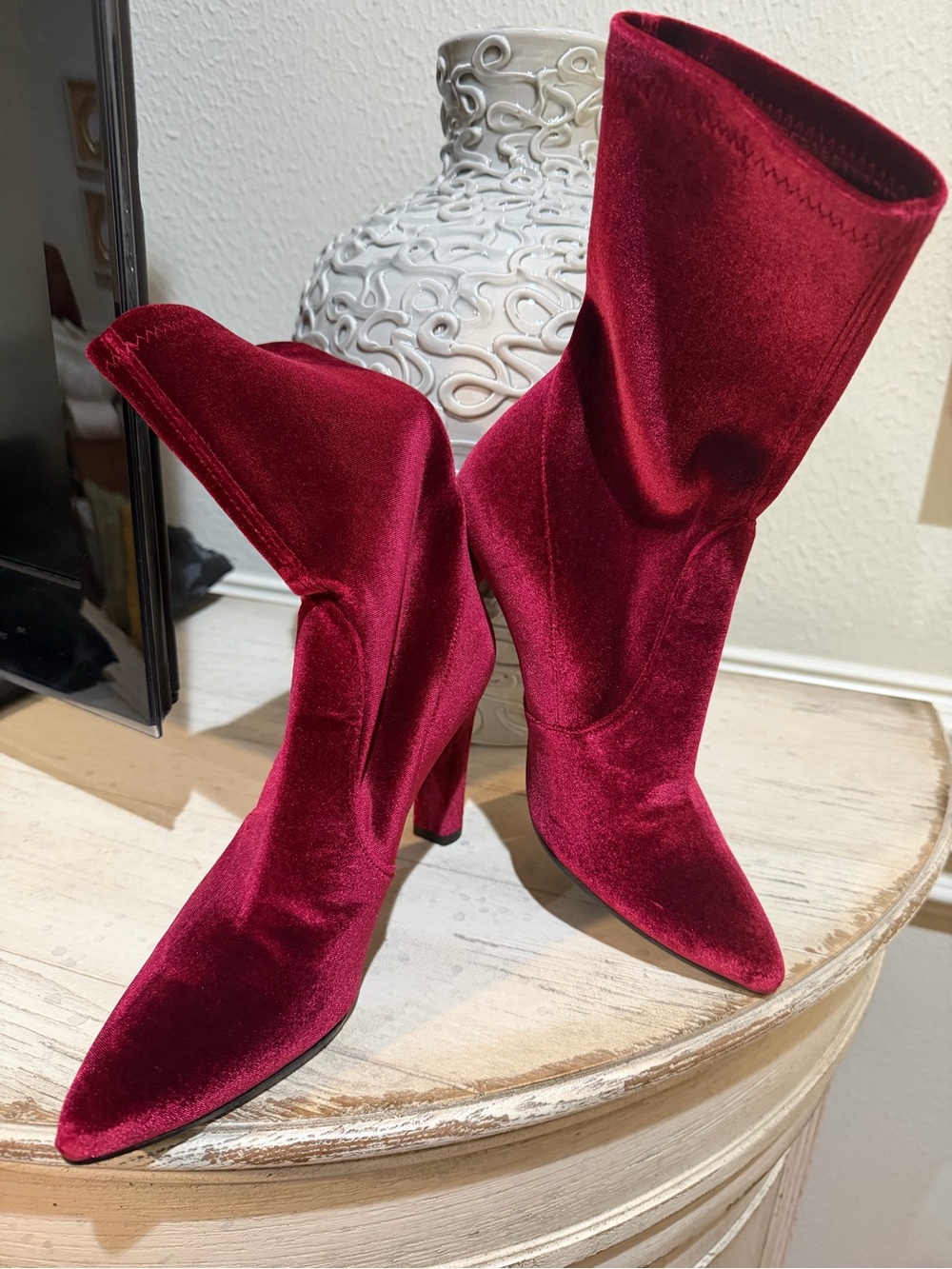 Stuart Wietzman Women's Red Velvet Pointed Toe Sock Boots